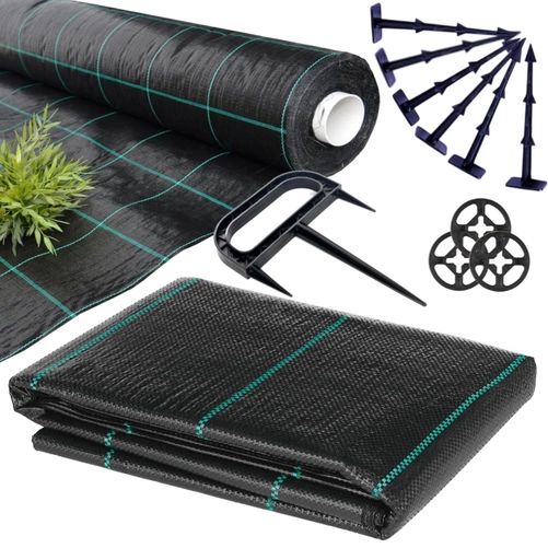 Agrotkanina Czarna 10mb 100g + Kotwy 100szt + Kotwa wiel. + Podkładki 100szt. - Mata pod Ściółkowanie i Chwasty