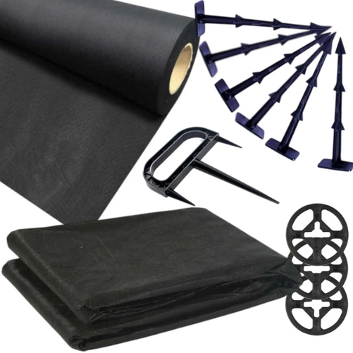 Agrowłóknina Czarna 10mb 50g + Kotwy 100szt + Kotwa wiel. + Podkładki 100szt. - Mata pod Ściółkowanie i Chwasty